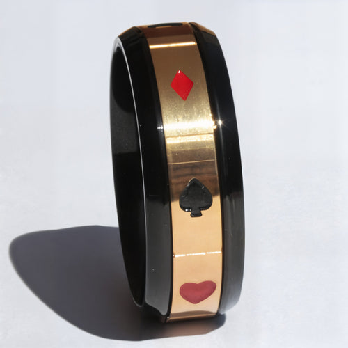 Czarno-złoty sygnet antystresowy, pierścień KARCIANY poker, unisex, stal chirurgiczna