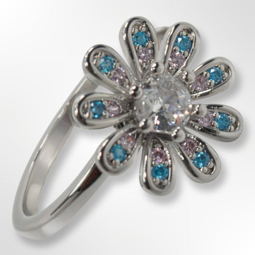 Pierścionek z obrotowym kwiatkiem, antystresowy, srebrny, regulowany