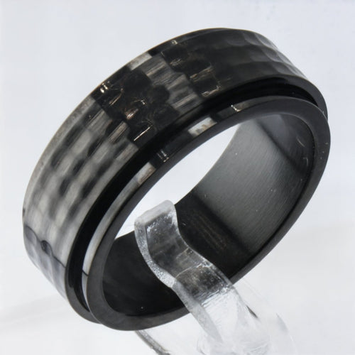 Czarny sygnet antystresowy młotkowany 8mm - męski / unisex, stal chirurgiczna