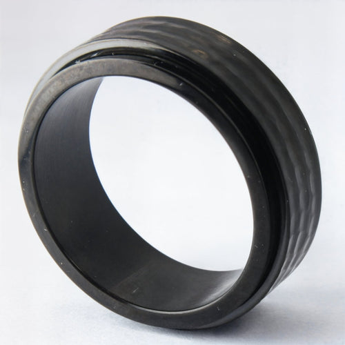 Czarny sygnet antystresowy młotkowany 8mm - męski / unisex, stal chirurgiczna