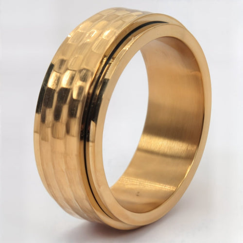 Złoty sygnet antystresowy młotkowany 8mm - męski / unisex, stal chirurgiczna