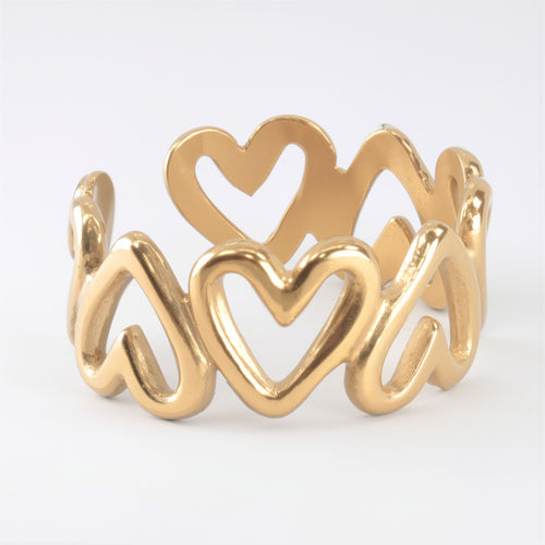 Splecione Serca - złoty pierścionek ze stali szlachetnej, damski, regulowany, elegancki