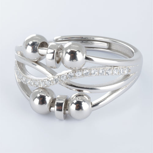 Elegancki anxiety ring ze SREBRA 925 z błyszczącymi cyrkoniami, damski, regulowany rozmiar