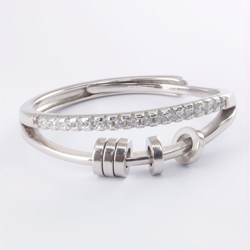 Delikatny pierścionek antystresowy SREBRO 925 z ruchomymi krążkami i cyrkoniami, regulowany