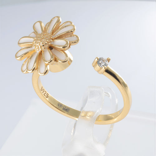 Obrotowy SREBRNY 925 pierścionek antystresowy Biała Stokrotka - regulowany anxiety ring